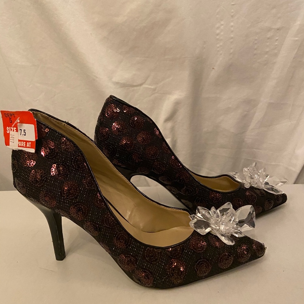 Mojo Moxy black/ brown polka dot sequin shoes 7.5